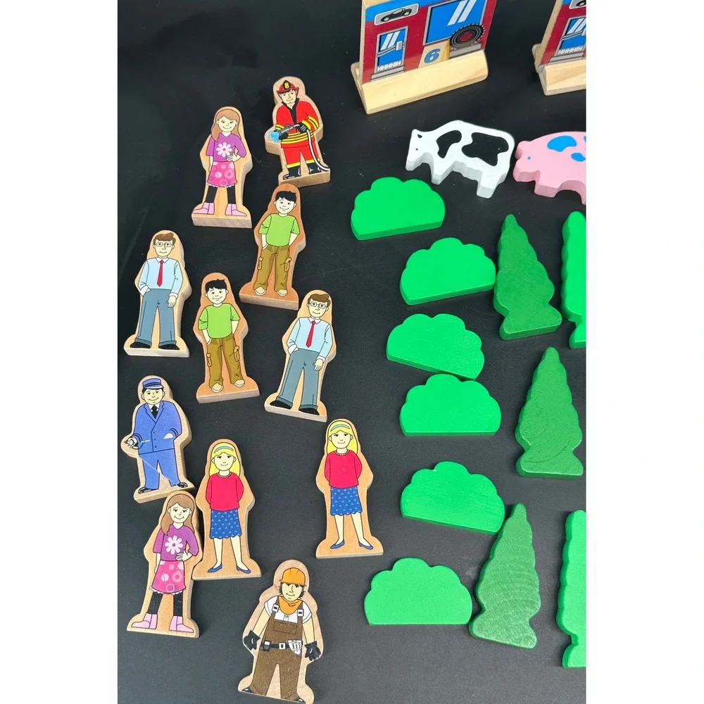Large Lot Wooden Train Set Accessories People Cars Signs Trees Animals Buildings